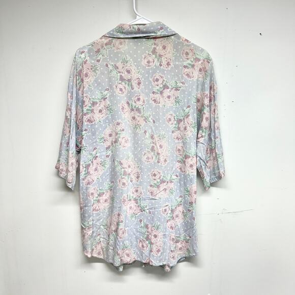 Vintage 90s Michelle Leslie Blue Floral Short Sleeve Oversized Women's Shirt LG - Picture 3 of 3